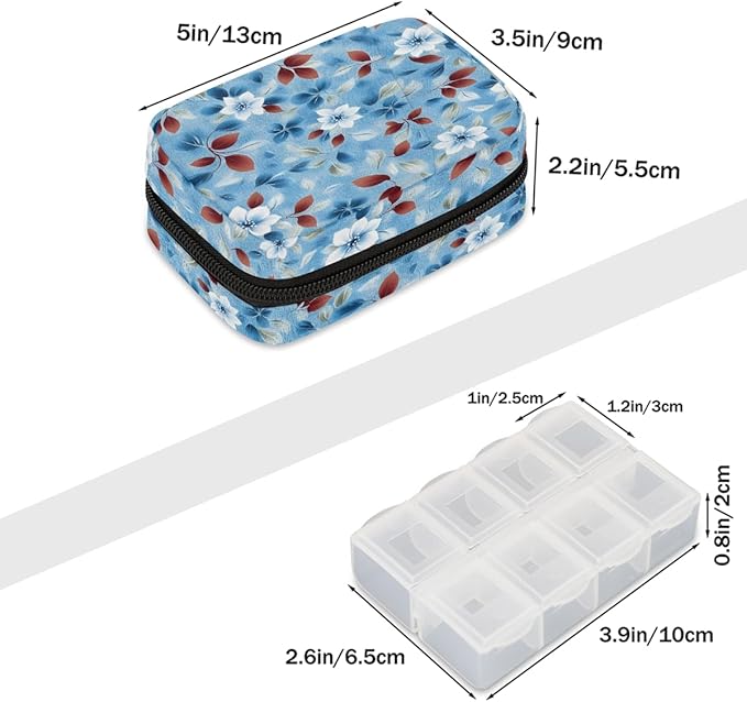 Flowers Leaves Blue Pill Case Everyday Travel, 7 Day Weekly Medicine Pill Box Compact Portable Pills Bottle Organizer with Zipper for Daily Vitamin Medicine Holder Bottle Organizers Bag