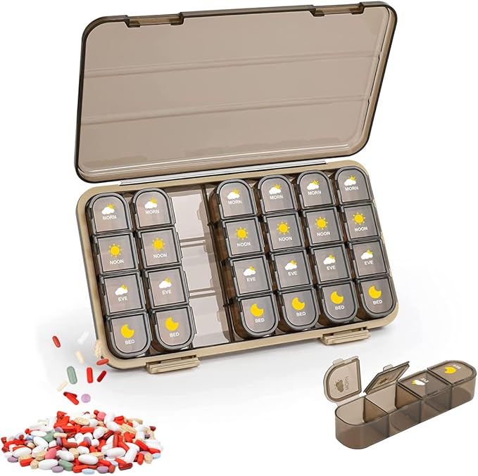 Pill Organizer 4 Times A Day Large Compartment Weekly, Travel Pill Box 7 Day, Daily Medicine Container, Airtight Pill Case Waterproof Moisture Proof, BPA Free, Easy Open