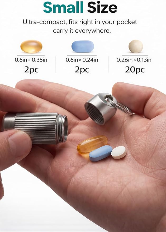 Titanium Pill Holder Keychain, Waterproof and Leak Proof Mini Pill Case for Daily Vitamins or Emergency Medication, Small Durable Metal Travel Pill Container for Pocket, Purse - Small