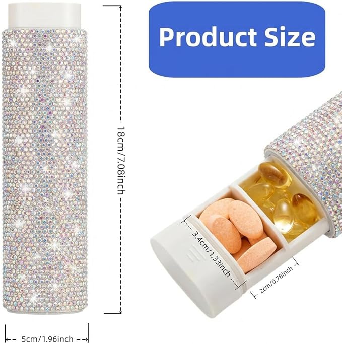 Pill Case for Purse Bling 7-Day Pill Organizer Weekly Compact Medicine Containers Travel Medication Box Holder for Traveling Women(Colorful)