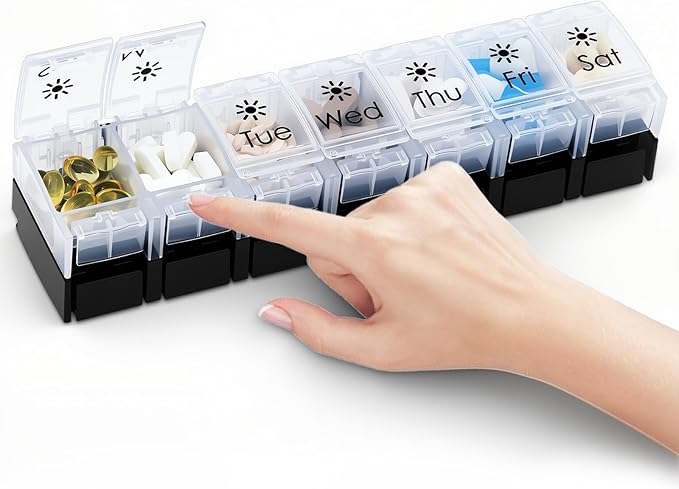 XL Large AM/PM Weekly Pill Organizer Arthritis Friendly, 2 Times a Day Pill Box with Spring Open Design, 7 Day Vitamin Case with Push Button Compartments (Black & Clear)
