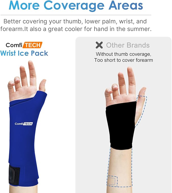 ComfiTECH Wrist Ice Pack Wrap 2 Pack, Flexible Hand Ice Pack for Carpal Tunnel, Thumb & Forearm, Reusable Gel Cold Sleeve with Adjustable Strap for Comfort and Support, Blue, Large