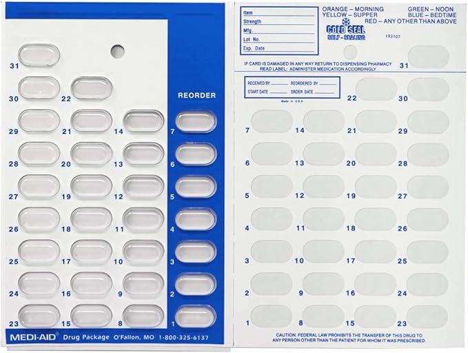 Color Coded AM/PM Monthly 31 Day Medication Blister Cards - Easy No Equipment Needed Cold Seal - 2X a Day Yellow for Morning Blue for Evening (6 Pack - 3 Yellow and 3 Blue)
