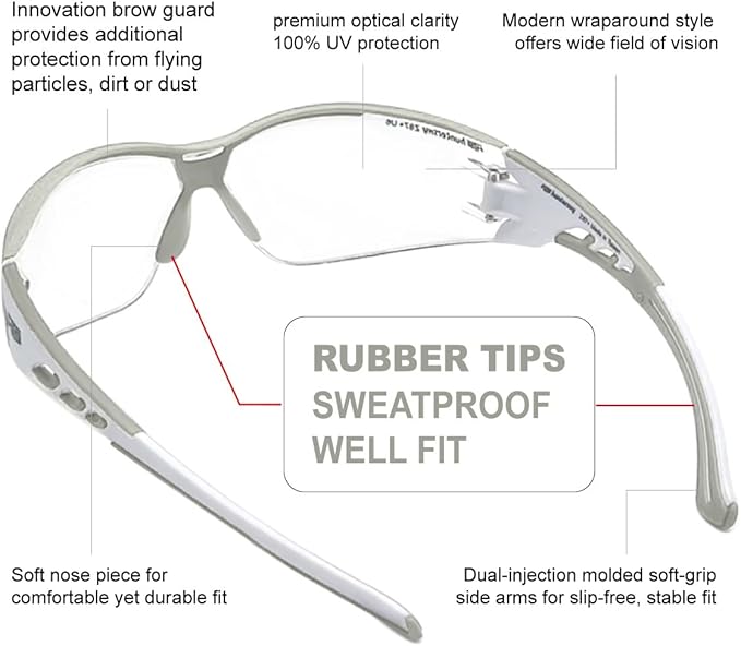 HTS HUNTERSKY Super Flexible Lightweight Anti Fog Wrap-Around U6 Clear Shooting Safety Glasses with ANSI Z87.1 Scratch Resist