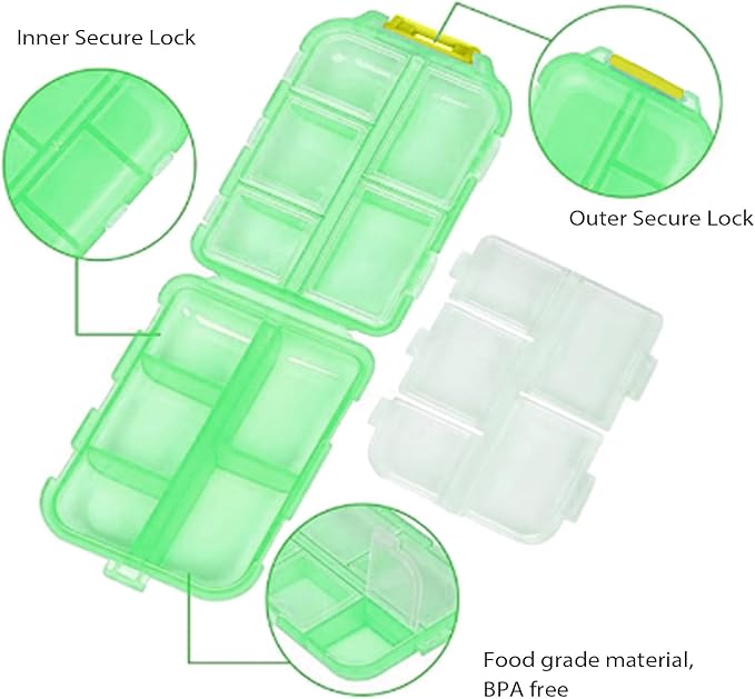 Travel Pill Organizer Portable Pocket Pill Case Small Pill Box for Purse Medicine Organizer Have 10 Compartments Storage Vitamin Fish Oil by INVODA (Green)