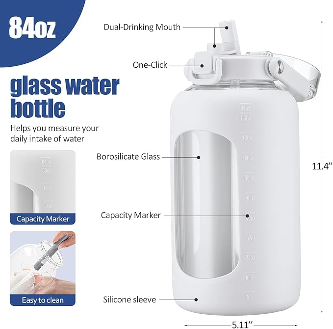 BLUEGO 84oz Glass Water Bottle with Straw and Handle, Large Water Bottle with Sip & Chug Lid, 2.5L Water Jug Silicone Sleeve with Time, Full Day Drinking Bottle for Sports BPA Free, White