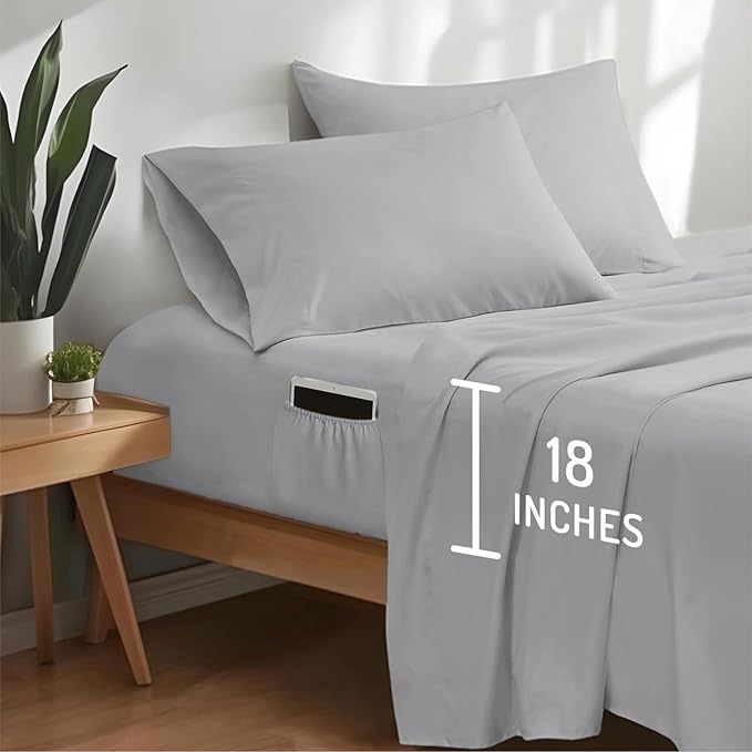 Degrees of Comfort Coolmax® Cooling Bed Sheets Queen Size with 18" Extra Deep Pocket, Moisture Wicking Cold Sheet Set for Hot Sleepers and Night Sweats, Cozy for All Seasons, Light Grey 4 Pieces