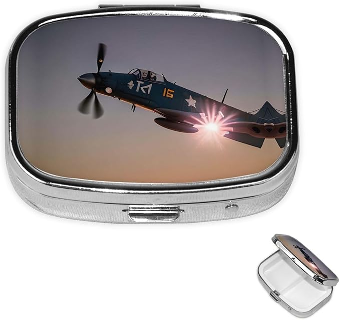 Square Pill Box 2 Compartment Medicine Pill Case World War Aircraft Airplane Pill Box for Purse Pocket Waterproof Metal Pill Container Portable Pill Holder Mini Pill Organizer for Travel or Daily