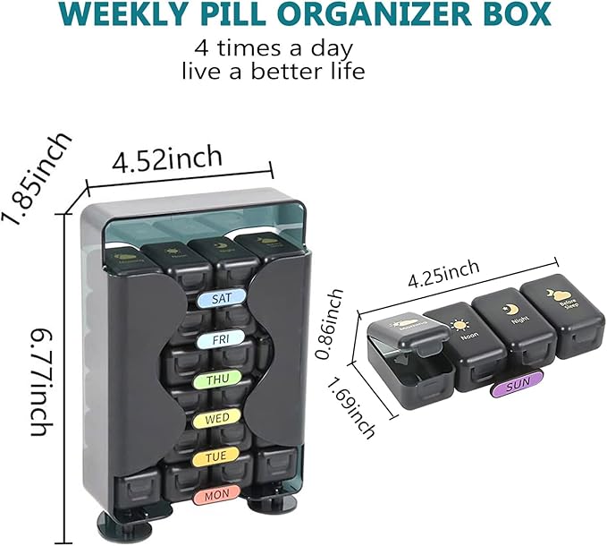 Weekly Pill Organizer 7 Day 4 Times a Day， Large Pill Box Organizer with Drawer Designed， Daily Pill Organizer to Hold Medicine, Medication, Vitamins and Fish Oils (Black)