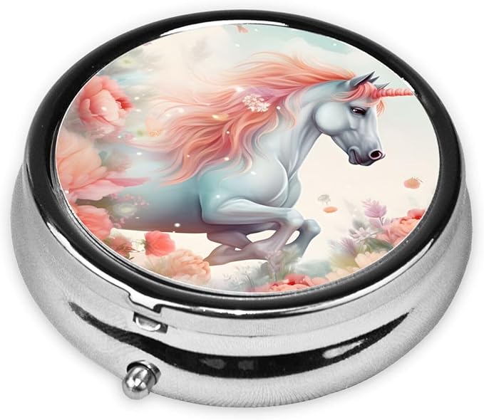Watercolor Fantasy Unicorn Flower Pill Box 3 Compartment Pill Case, Portable Medicine Pill Organizer for Pocket Purse Pill Box Decorative Metal Medicine Vitamin Organizer