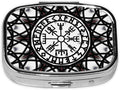 Pill Box Organizer Norse Viking Vegvisir, Portable Travel Pill Box with Mirror for Supplements, Medicine Box, Metal Pill Case for Outdoor Travel Picnic