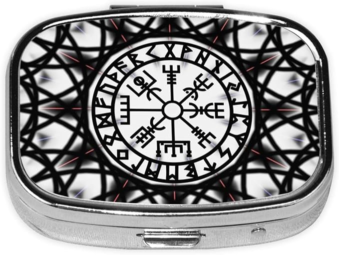 Pill Box Organizer Norse Viking Vegvisir, Portable Travel Pill Box with Mirror for Supplements, Medicine Box, Metal Pill Case for Outdoor Travel Picnic