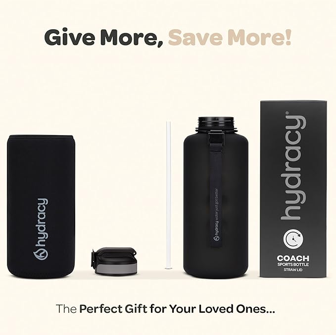 Hydracy Water Bottle with Time Marker -Large BPA Free Water Bottle & No Sweat Sleeve -Leak Proof Gym Bottle with Fruit Infuser Strainer & Times to Drink -Ideal for Fitness Sports & Outdoors
