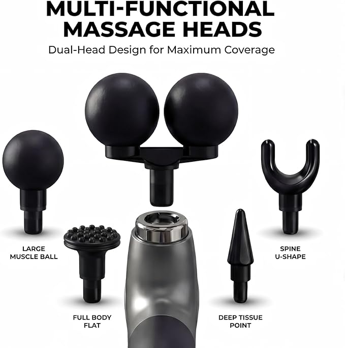Long Handle Massage Gun for Back and Shoulders, Ergonomic Extended Reach Deep Tissue Massager, U-Shaped Dual Head Percussion Muscle Massager, 12 Speeds with 5 Heads, Quiet & Cordless