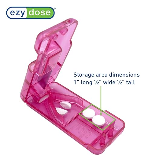 EZY DOSE Pill Cutter and Splitter with Dispenser, Safely Cuts Large, Small and Tiny Pills, Vitamins, Tablets in Half, Accurate and Easy Cutting, Stainless Steel Blade, Travel Sized, Pink, BPA Free