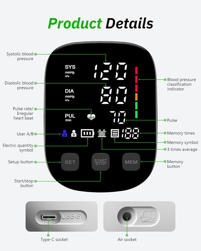 Blood Pressure Monitor with Large Display, Blood Pressure Machine Upper Arm Large Cuff(8.7"-16.5"), High Automatic Blood Pressure Monitors Cuff for Home Use, BP Monitors