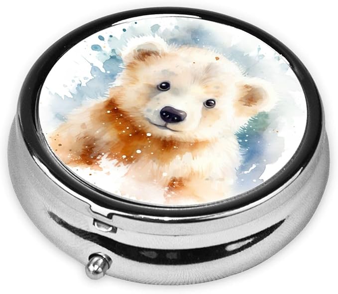 Watercolor Cute Baby Polar Bear Pill Box 3 Compartment Pill Case, Portable Medicine Pill Organizer for Pocket Purse Pill Box Decorative Metal Medicine Vitamin Organizer