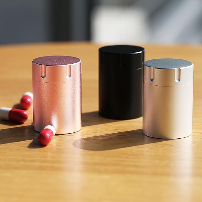 Portable Metal Small Pill Case, Aluminium Alloy Round Pill Box for Travel, Waterproof Pill Box Organizer, Pocket Daliy Pill Holder Pill Container for Medicine Vitamin Fish Oils (Rose Gold)