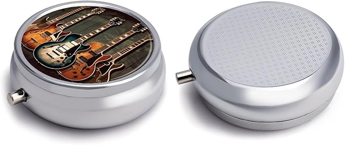 Guitars Art Pill Box 3 Compartment Small, Personalized Pill Organizer with Mirror, Portable Pill Case for Pocket Or Purse, Round Pill Containe Travel Gifts, Pill Holder