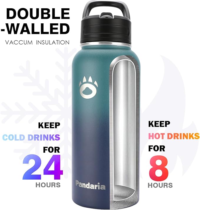 Insulated Water Bottle 32oz, Stainless Steel Water Bottle with Straw & Spout Lids & Paracord Handle | with Straw, Spout Lids, Paracord Handle