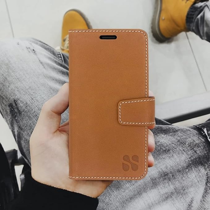 SafeSleeve Wallet Leather Case for iPhone XR EMF Blocker for Cell Phone with 3 Card Holder & Adjustable Stand – Magnetic Closure, and Magnetic Folio Protection for Daily Use (Leather)