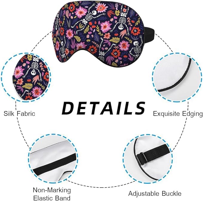 Dancing Skeletons Eye Mask Sleeping Mask Garden Flower Leaves Dead Halloween Sleep Masks Silky Soft Eye Cover for Women Men Shading Blindfold for Air Travel Sleeping