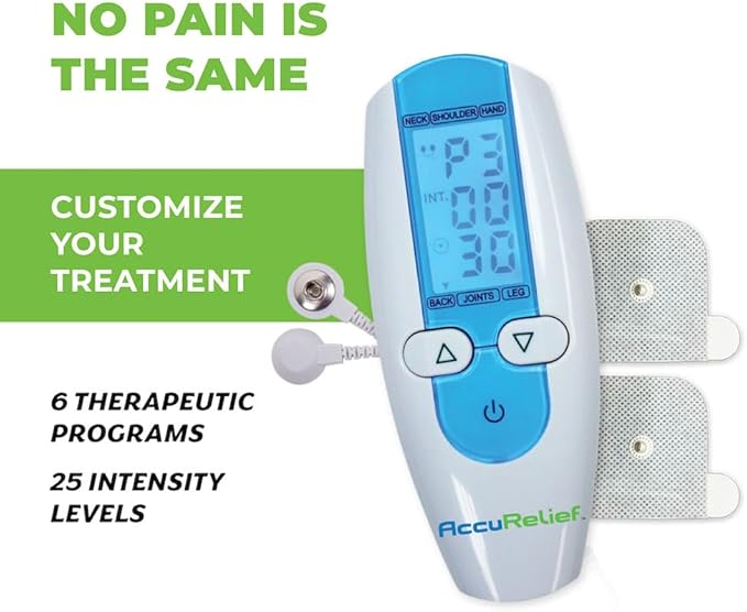 AccuRelief TENS Unit Muscle Stimulater Pain Relief System - Electric Muscle Stimulator with Electrodes for Neck, Back, and Full Body, White and Blue