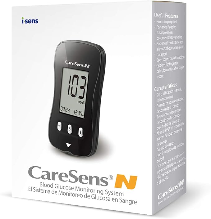CareSens N Blood Glucose Monitoring Meter (Auto Coding) - 1 Diabetes Blood Glucose Meter, 1 User Guide, 1 Quick Reference guide, 1 Case & 2 CR 2032 Batteries