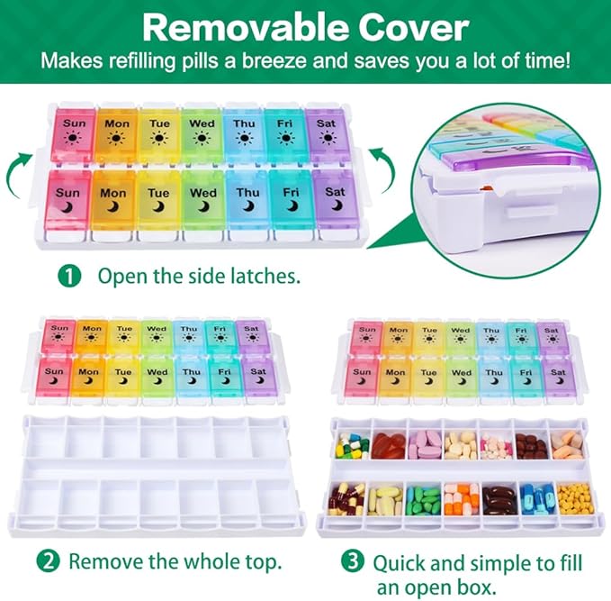 Shintop Am Pm Pill Organizer 7 Day, Push Button Weekly Pill Box 2 Times a Day Easy Fill Pill Holder Day Night Vitamin Case for Medications Fish Oil Supplements (Rainbow)