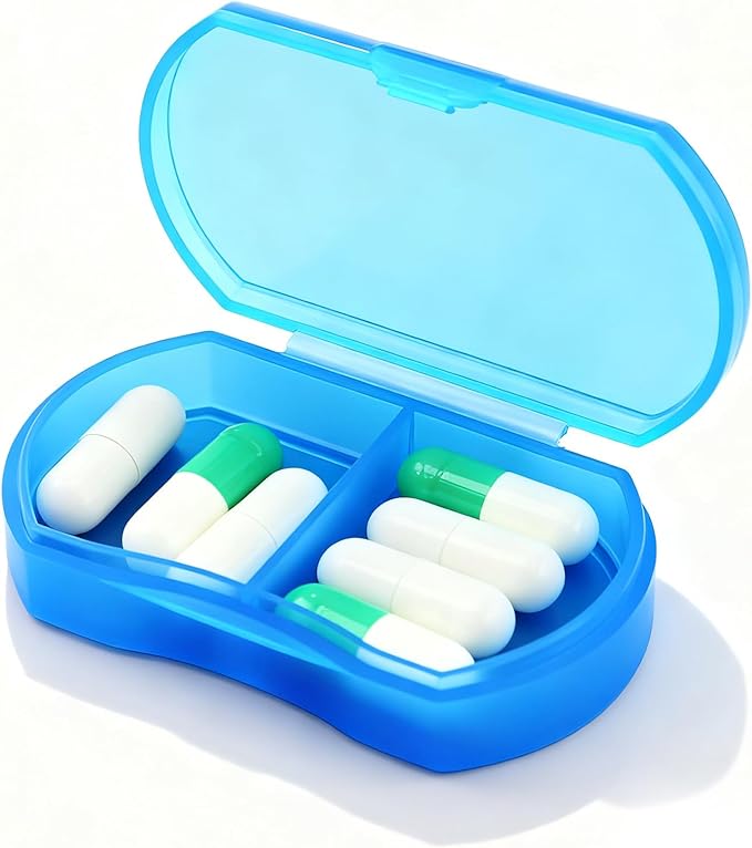 Pill Case for Purse Small Pill Organizer Portable Travel Daily Pill Containers AM & PM Mini Pill Box Vitamin, Fish Oil, Supplement Holder (Blue)