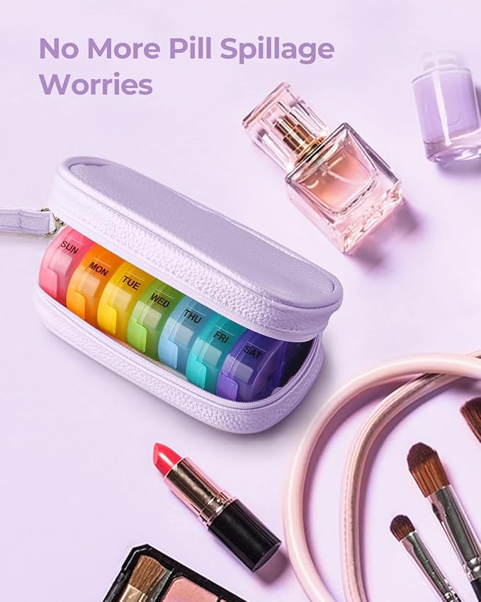 Cute Pill Organizer 2 Times a Day, PU Leather Pill Case for Women, Portable Weekly Pill Box for Purse with Storage Bag to Hold Vitamins, Medications, Fish Oils, Supplements (Purple)