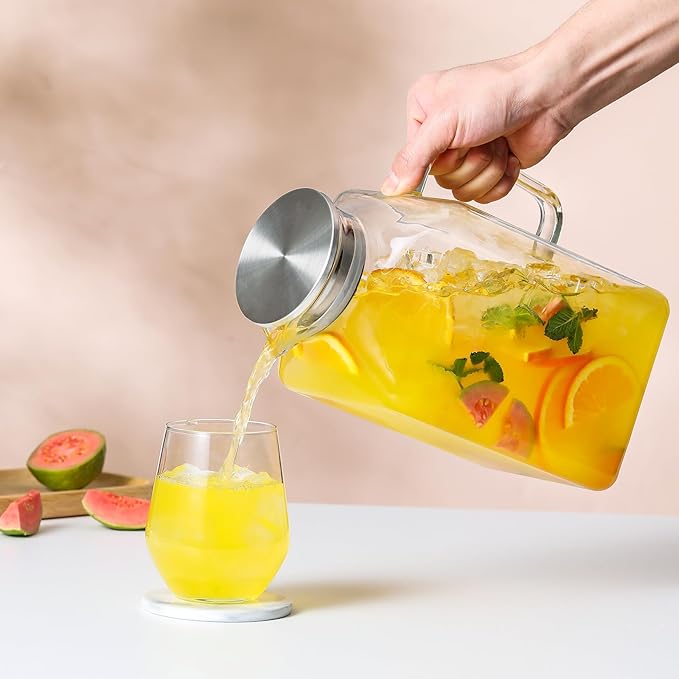 1 Gallon Square Glass Pitcher with Lid and Spout, Borosilicate Glass Carafe for Hot/Cold Drink, Water Pitchers with Handle for Fridge, Extra Large Jug for Iced Tea, Coffee, Juice, Beverage