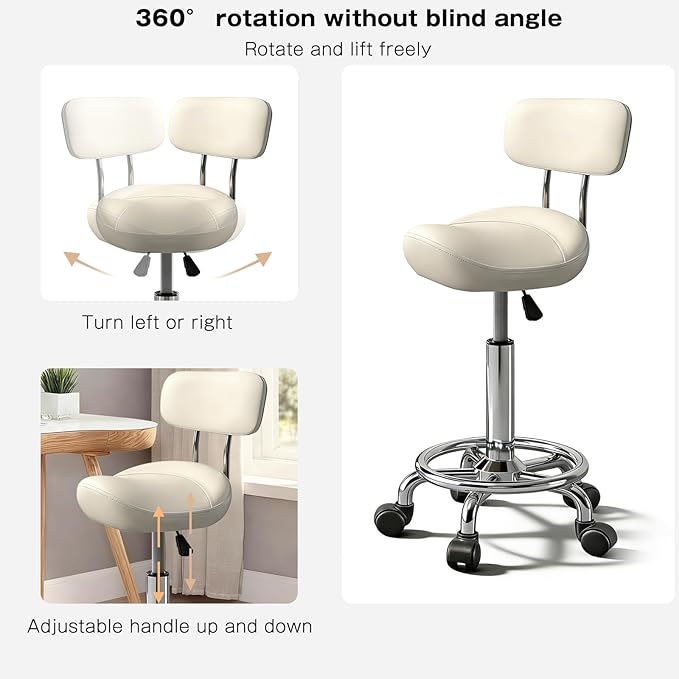 Saddle Stool with Ring Pedal and Back, Adjustable Hydraulic Rolling Chair with Wheels for Medical, Massage, Salon, Spa, Kitchen, and Drafting Use