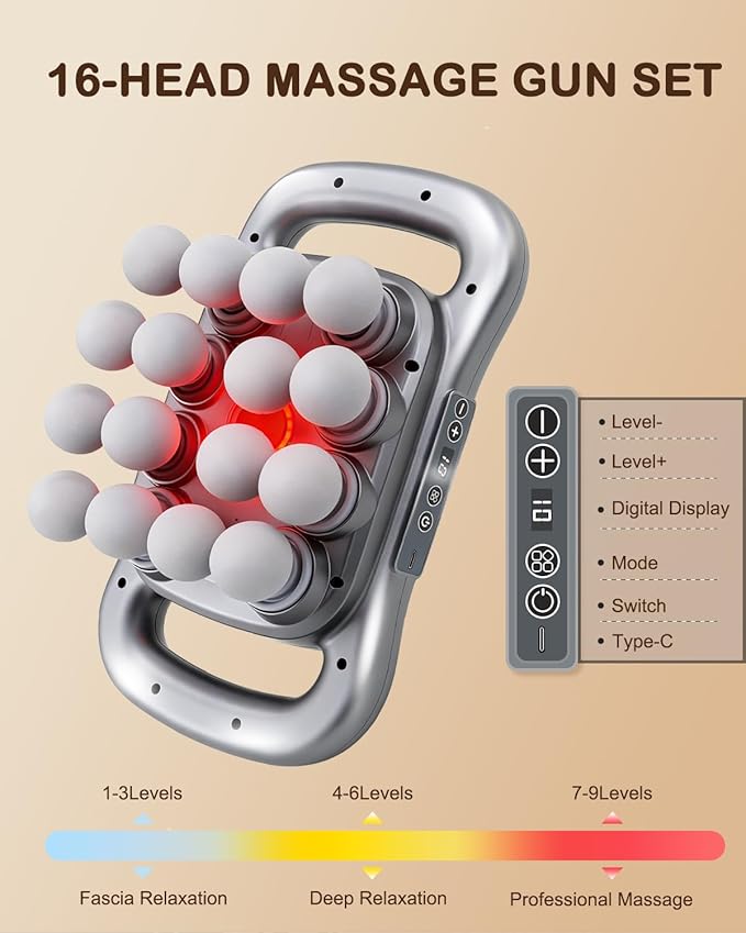16 Head Massage Gun Set - Deep Tissue Percussion Massager with 9 Modes&Levels with Red Light Therapy,for Body,Back,Shoulders,Neck,Legs,Foot,Massage Gun deep Tissue,Best Gift for Women,Men,Mom and Dad
