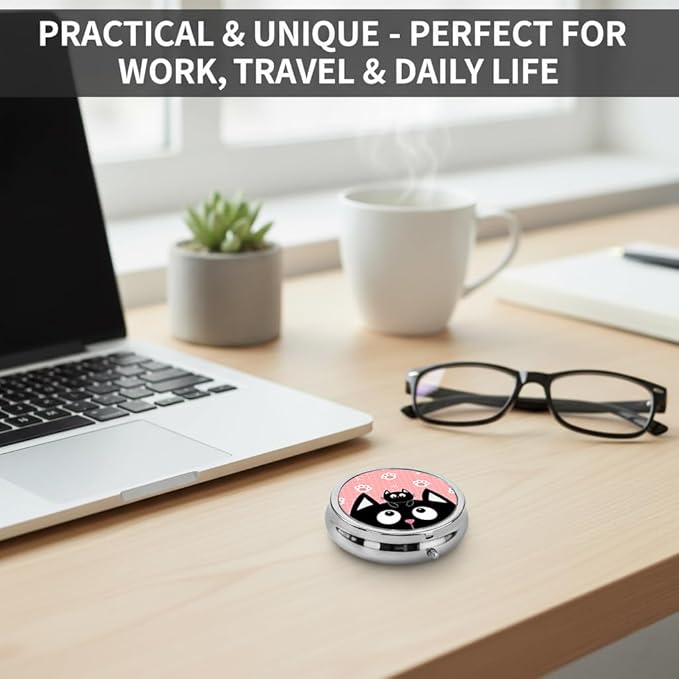 Cute Cat Pill Box 3 Compartment Small Pill Case,Portable for Pocket or Purse Pill Organizer Pill Container Holder with Mirror to Hold Vitamins, Medication, Fish Oil and Supplements