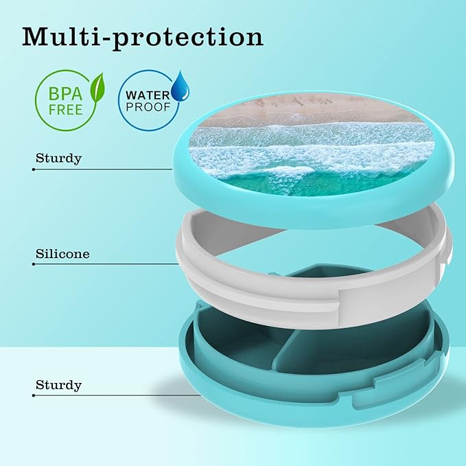 Serfeymi Small Pill Box - 3 Compartments Portable Pill Box for Purse Pocket, Compact Mini Travel Pill Case - Suitable for Medicine, Vitamin, Fish Oil, Supplements - Light Blue(Beach)