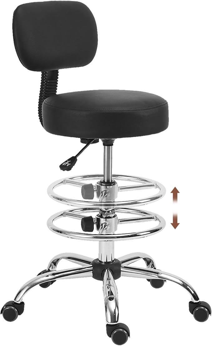 Drafting Stool Chair with Ergonomic Backrest & Footrest, Padded Leather Seat Adjustable Height 360° Swivel Rolling Stools, Tall Office Chair for Standing Desk, Spa, Counter, Medical, Black