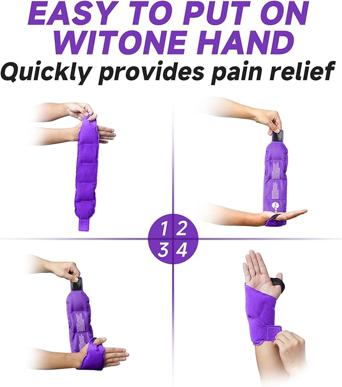 Wrist Ice Pack Wrap for Carpal Tunnel Relief, 2 Gel Ice Packs for Injuries Reusable for Wrist Hand Pain, Hot Cold Compress Brace for Achilles Tendonitis, Tenosynovitis, Purple