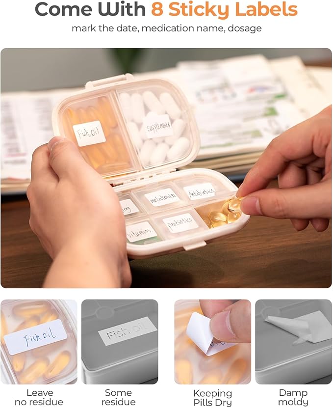 Travel Pill Organizer, 6+2 Extra Large Compartments Portable Pill Case, Daily Pill Box to Hold Vitamins, Small Pill Container for Pocket Purse Medicine Organizer（Beige）