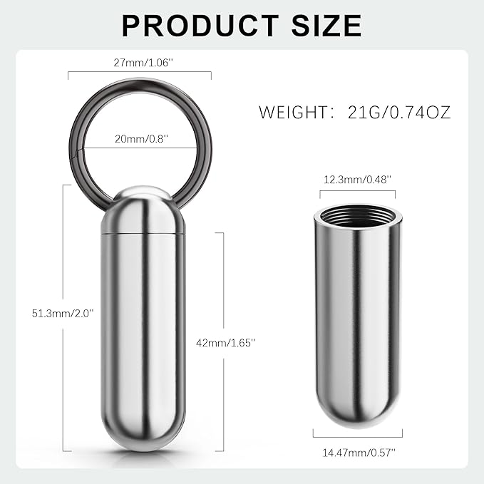 Tiny Portable Titanium Keychain Pill Case - Waterproof, Pocket Pill Organizer With 1 Compartment, Travel Bottle