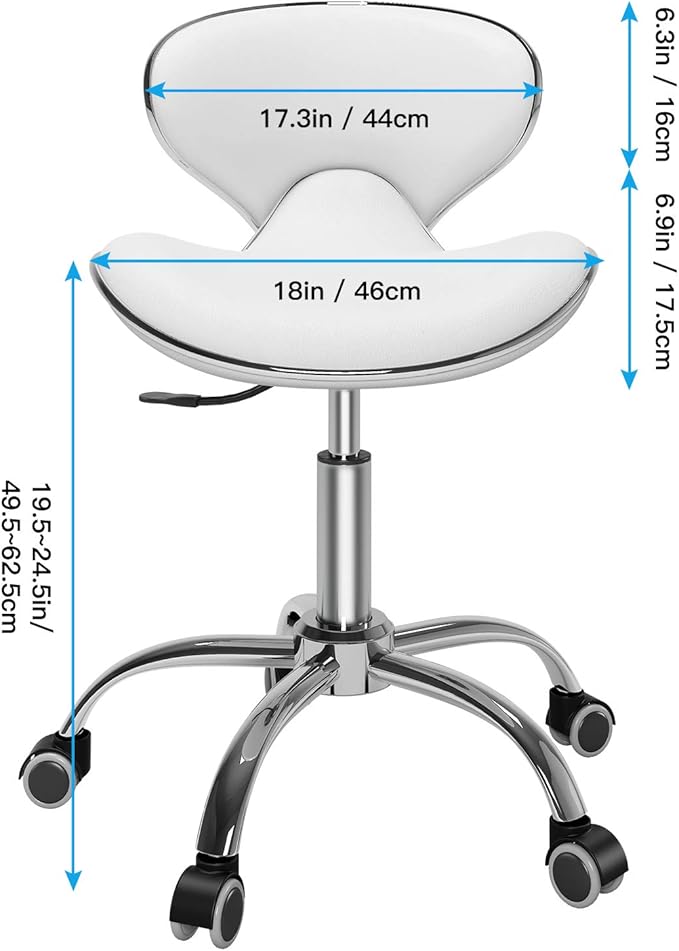 Adjustable Rolling Stool with Backrest,Drafting Spa Bar Medical Salon Tattoo Stool Chair with Wheels 360 Swivel,Heavy Duty,400lbs Weight Capacity,White