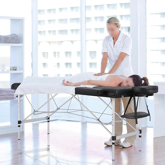 Yaheetech Aluminium 2 Folding Massage Table with Rolling Stool Portable Massage Bed Spa Bed Stool Adjustable Swivel Salon Chair Massage Therapy Table with Headrest & Armrest Black