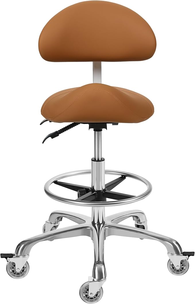 Saddle Stool Chair with Backrest and Footrest- Ergonomic Rolling Saddle Stools Hydraulic Swivel Adjustable Stool Esthetician Chair for Massage Beauty Salon Tattoo Dentist Clinic Home Office (Camel)