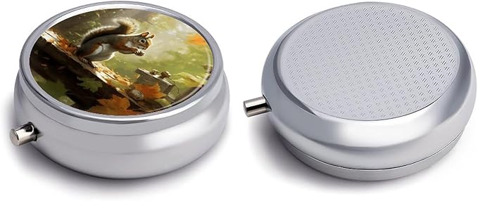 Squirrel Eats Nuts Pill Box Travel Pill Case for Purse Pocket Weekly Medicine Organizer with Mirror 3 Compartment Round Medicine Case Portable PillcaseHolder for Daily