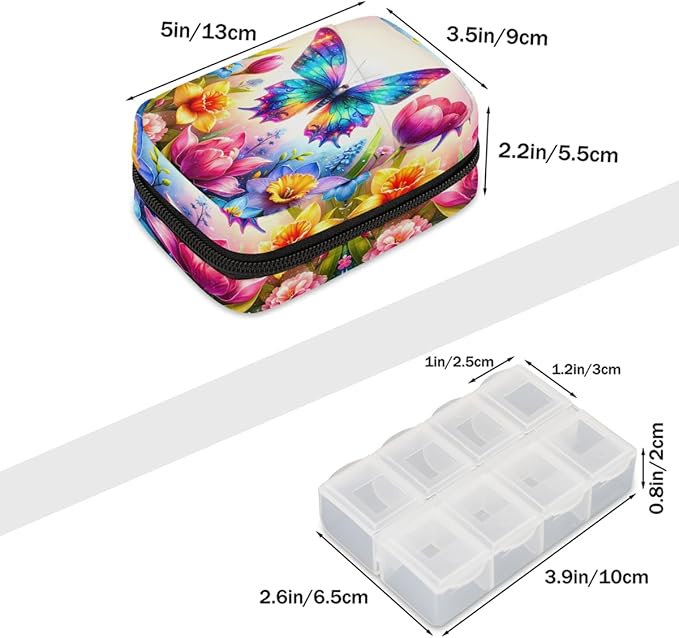 Butterfly Color Flower Pill Case Travel Pill Organizer Weekly 7 Day Portable with Zipper Medicine Box Pill Case for Vitamins, Birth Control,Fish Oils,Medication, Supplements