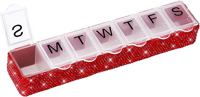 Soleebee Portable Weekly 7 Day Pill Organizer, Bling Crystal Pill Box Case, Travel Pill Planner, Pill Dispenser, Medicine Vitamin Container Organizer (Red)