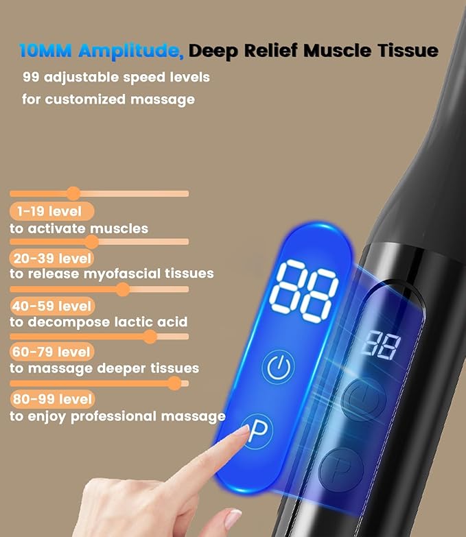 Massage Gun with Extended Handle, 10MM Massage Gun Deep Tissue, Electric Neck and Back Massager with 5 Speeds, 3 Modes for Home, Athletes