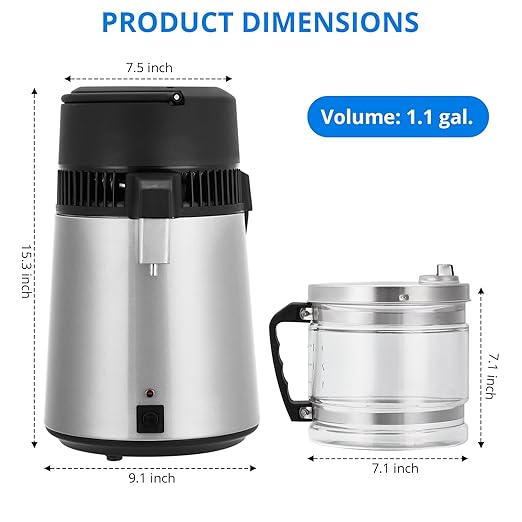 4L Water Distiller, 1 Gal Stainless Steel Distilled Water Machine with Glass Container, 750W Countertop Purifier Filter Kit for Home, Desktop Drinking Water Maker - Silver