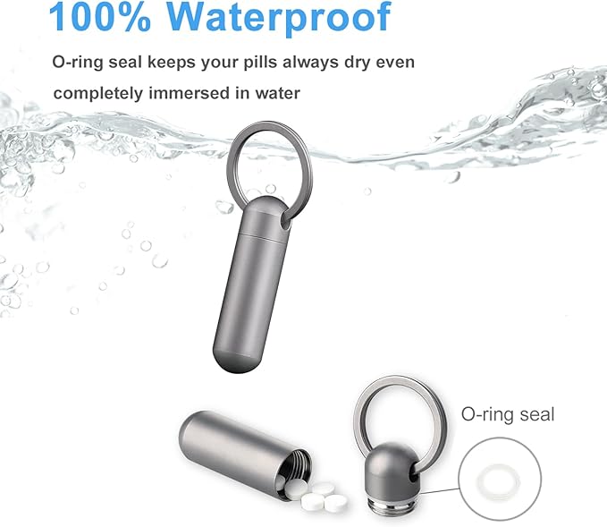SHD Pill Box Keychain,Titanium Waterproof Mini Pill Holder Container,Portable Small Pill Case for Outdoor Travel Camping