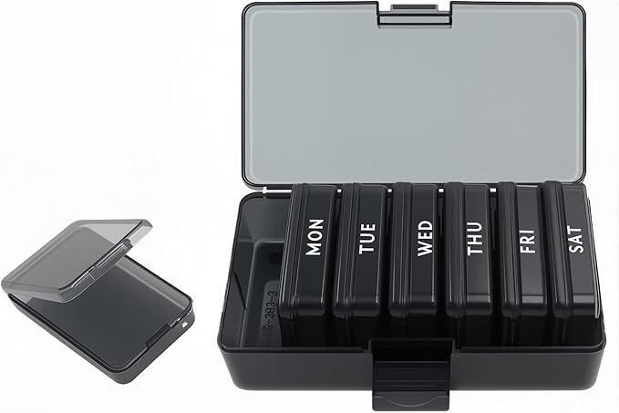 Weekly Pill Box Mini Storage Box, 7 Days Pill Case with Shell,Multi-Functional Clear Plastic Storage Containers Cute Travel Pill Organizer Case Portable for Pocket Purse Briefcase (Black) (Black)